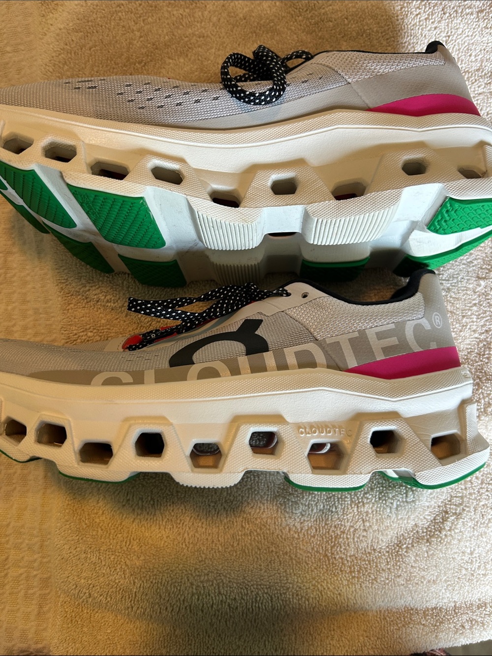 On Cloud Running Women’s CloudMonster Sneakers - Light Gray with Pink Accents - Picture 5 of 8